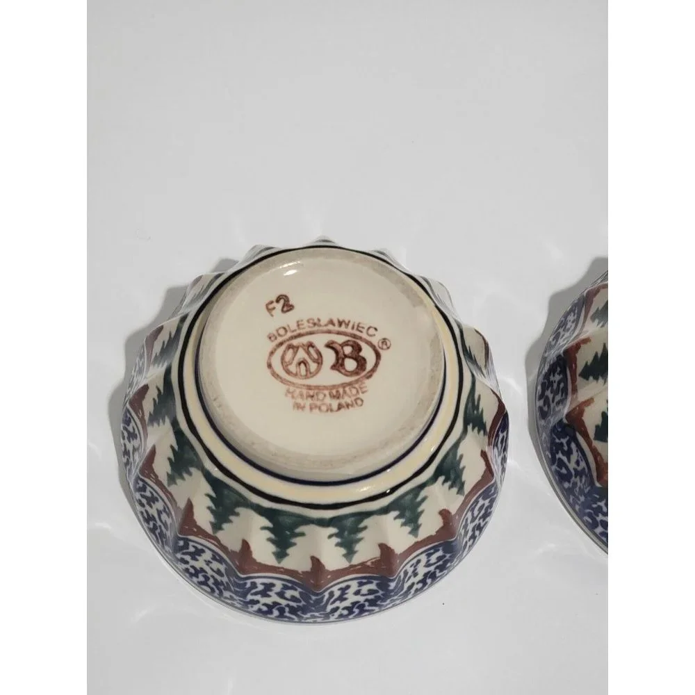 2x Boleslawiec Polish Pottery Ramekin Bowl Christmas Tree‎ Stars Pine Boughs